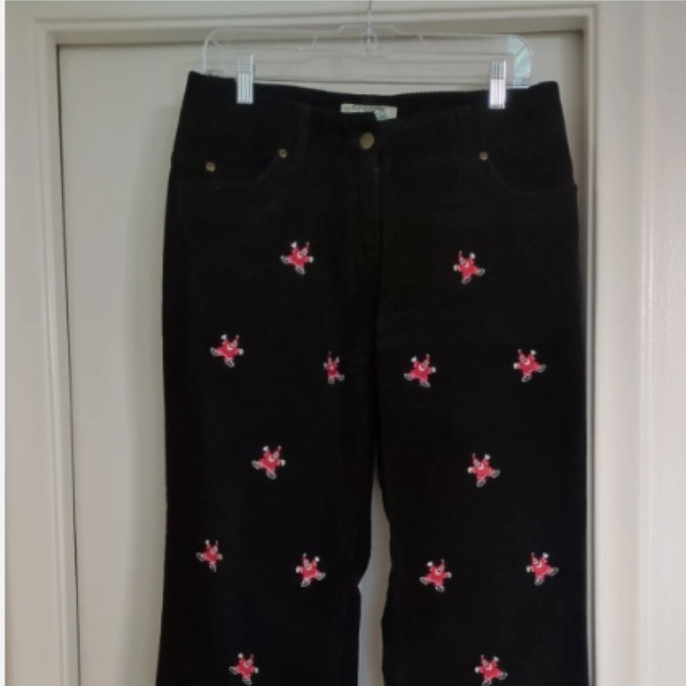 Castaway Clothing Women's Black Corduroy Pants With Santa Claus, Size 8, EUC